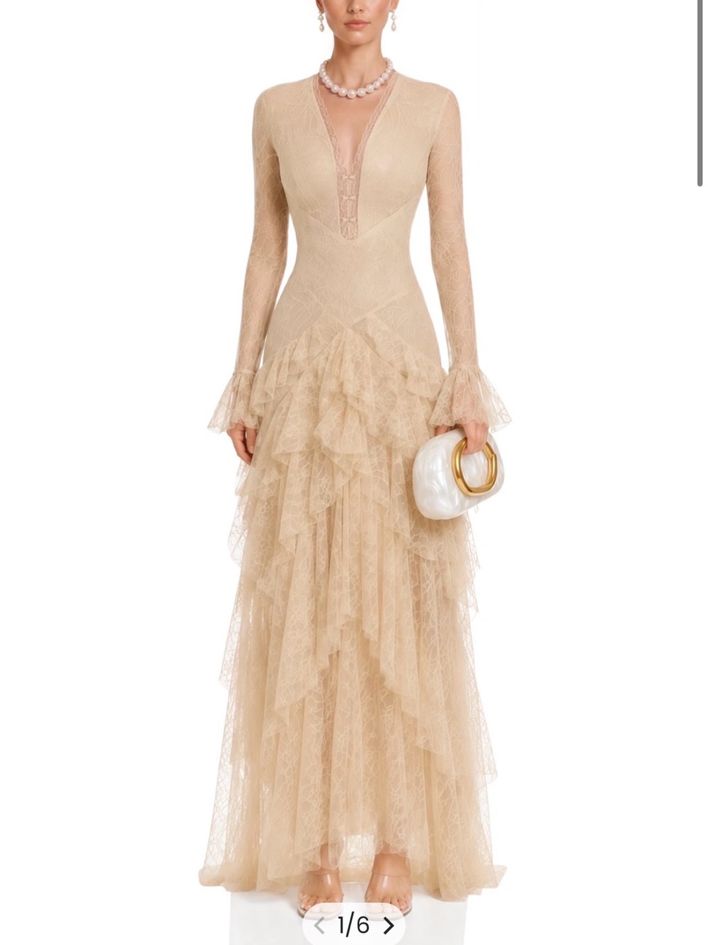 Beige Lace Ruffle Long-Sleeve Maxi Dress